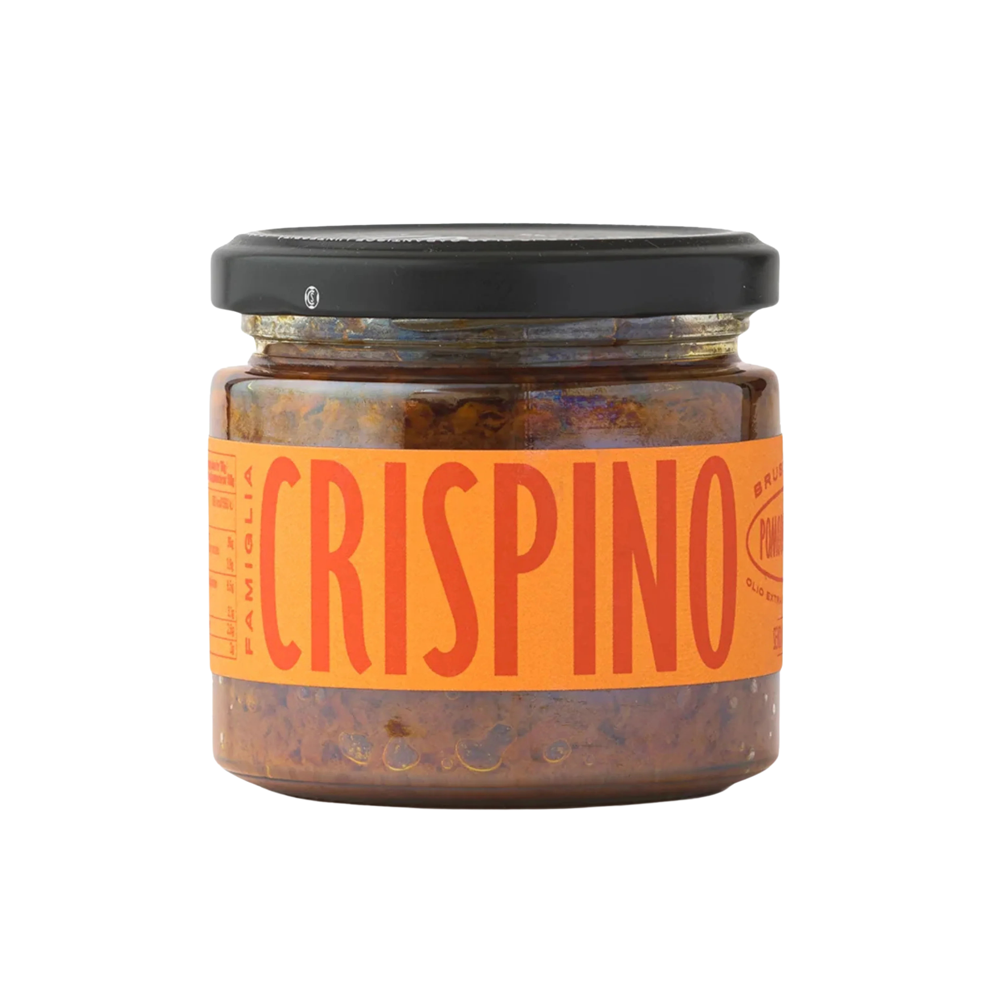 Jar of Crispino spread on a white background