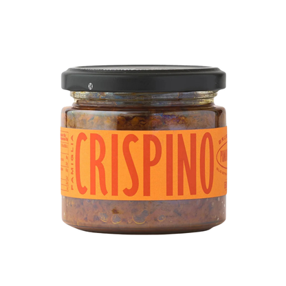 Jar of Crispino spread on a white background