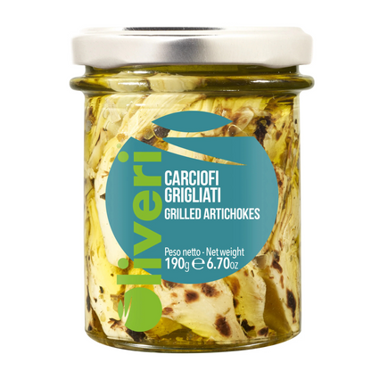 Jar of grilled artichokes with 'Olieri' label on a white background