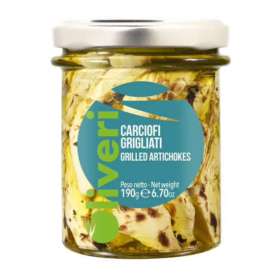 Jar of grilled artichokes with 'Olieri' label on a white background