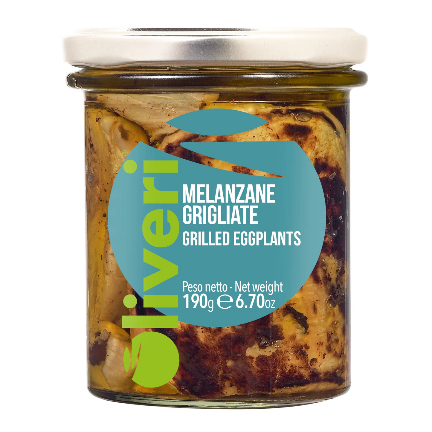 Jar of 'Melanzane Grigliate' (grilled eggplants) with Oliveri label on a white background