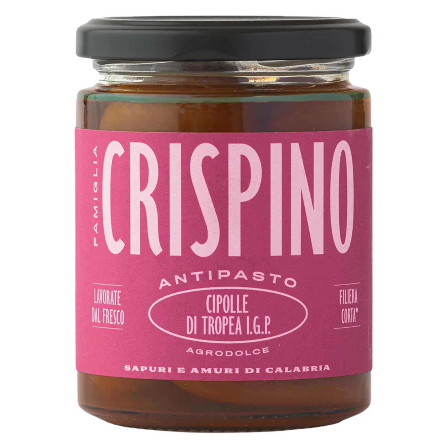 Jar of Crispino antipasto with pink label on a white background
