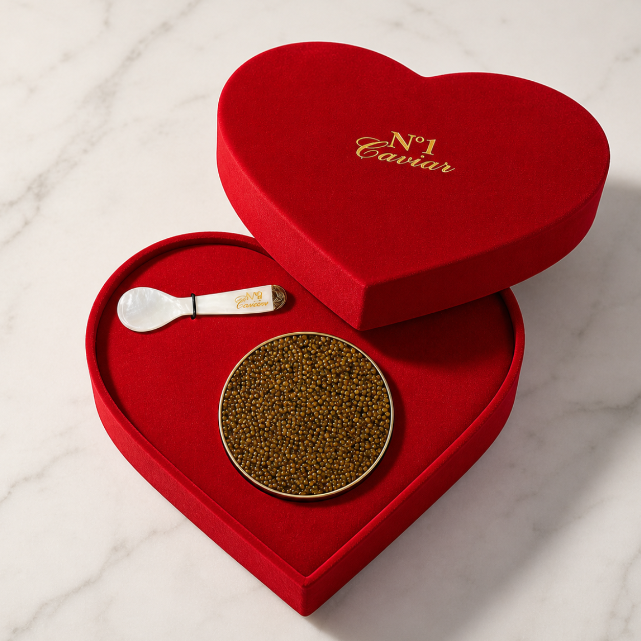 Heart-shaped red box with a gold lid featuring 'No. 1 Caviar' on a marble surface.