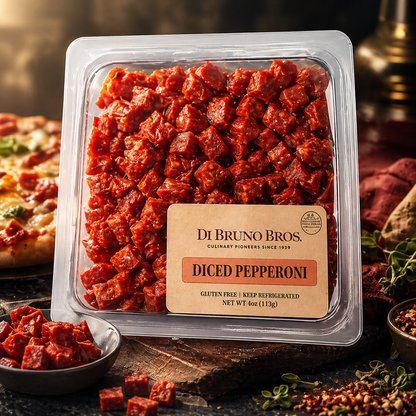 Packaged diced pepperoni from Di Bruno Bros with a pizza and ingredients in the background.