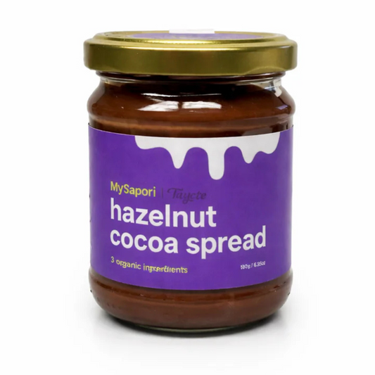 Jar of hazelnut cocoa spread with a purple label on a white background