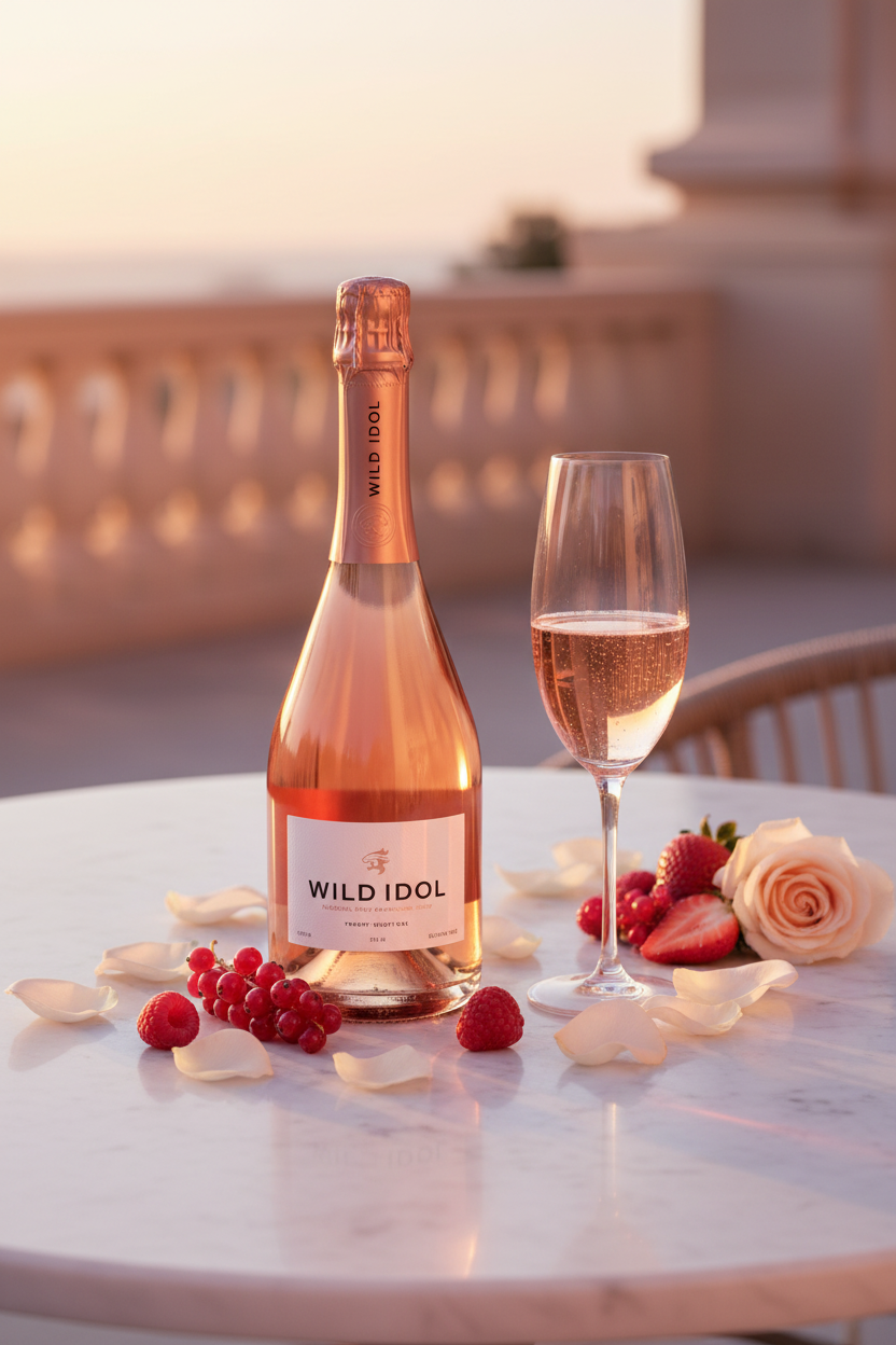 Wild Idol Sparkling Rosé bottle on marble with champagne flute, red berries and rose petals at golden hour