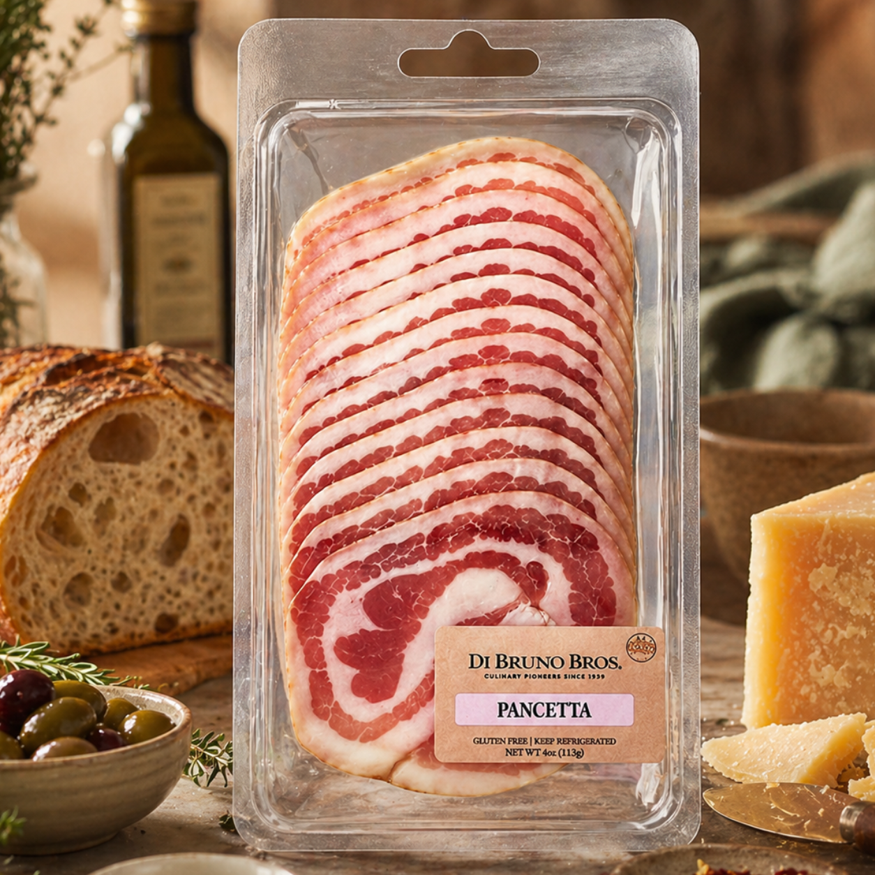 Packaged pancetta with a rustic background featuring bread, olives, and cheese.