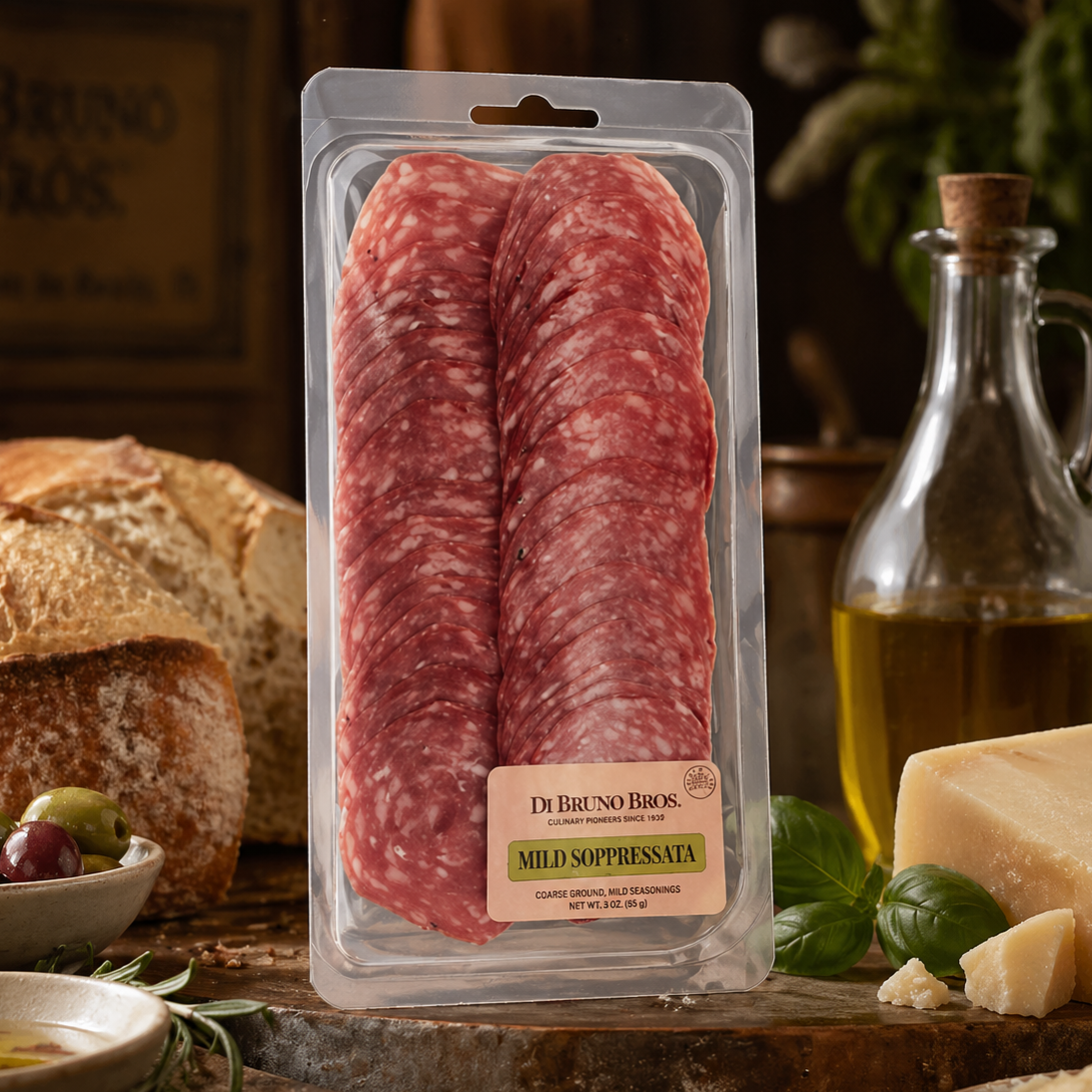 Packaged salami with Di Bruno Bros branding on a rustic wooden table with bread and olive oil.