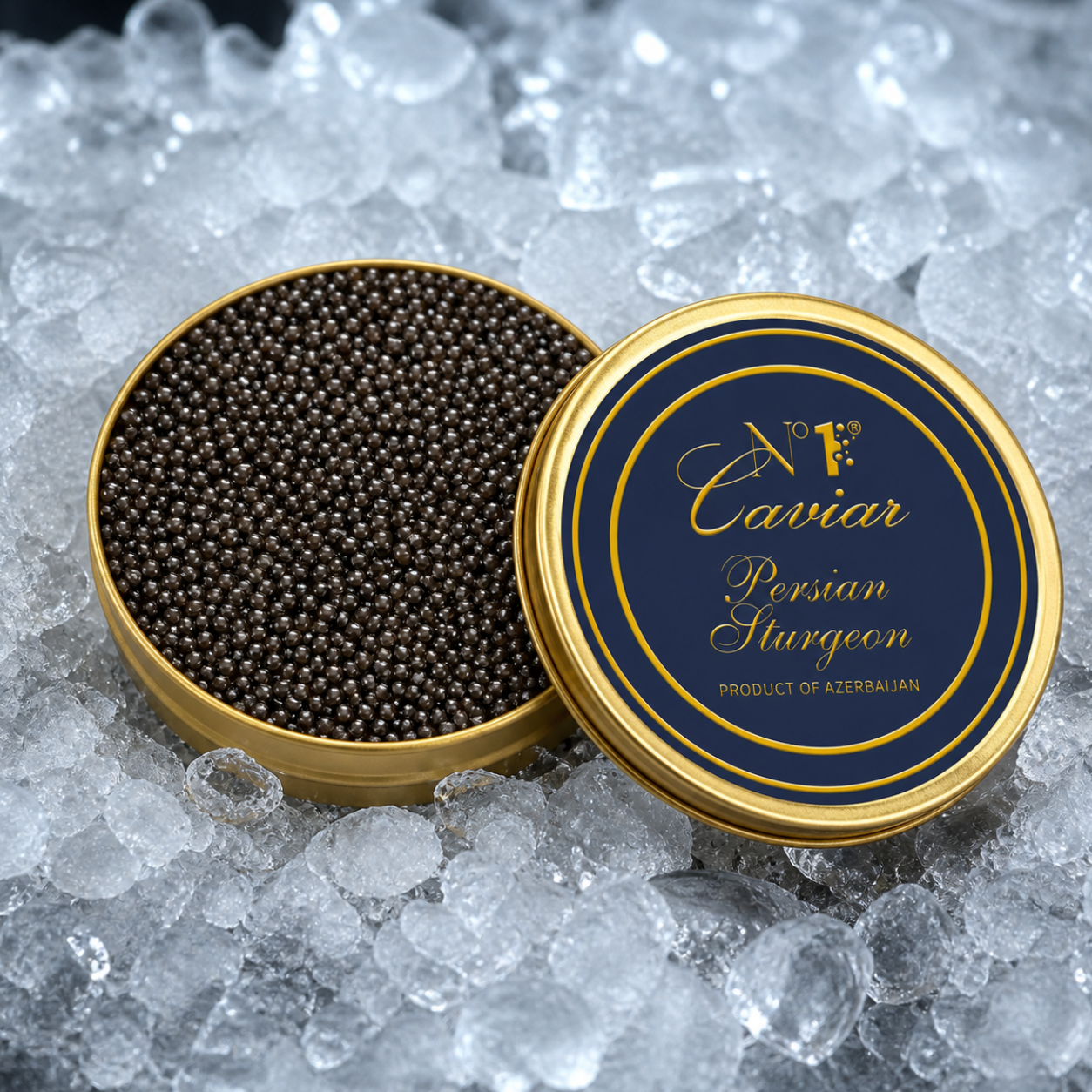 Caviar in a gold container with a blue label on a bed of ice.