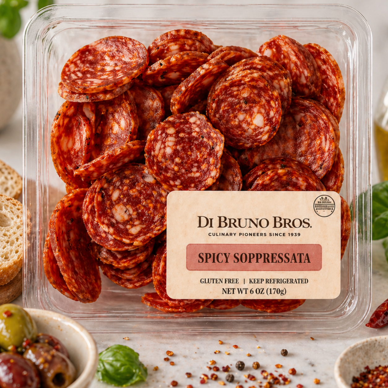Packaged spicy soppressata with Di Bruno Bros label on a table with bread and herbs.