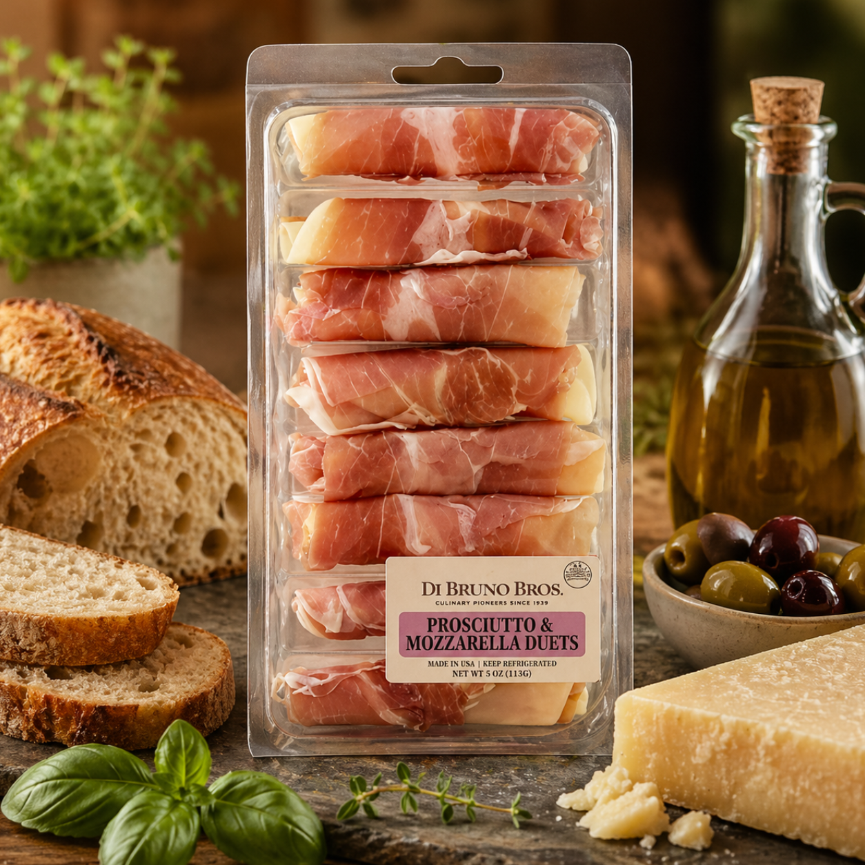 Packaged prosciutto and mozzarella duets with bread, olives, and basil on a wooden surface.