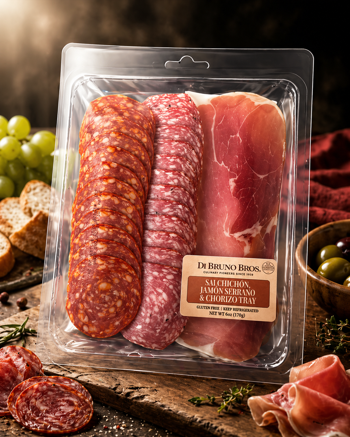 Packaged deli meat tray with salami, prosciutto, and chorizo on a rustic wooden surface.