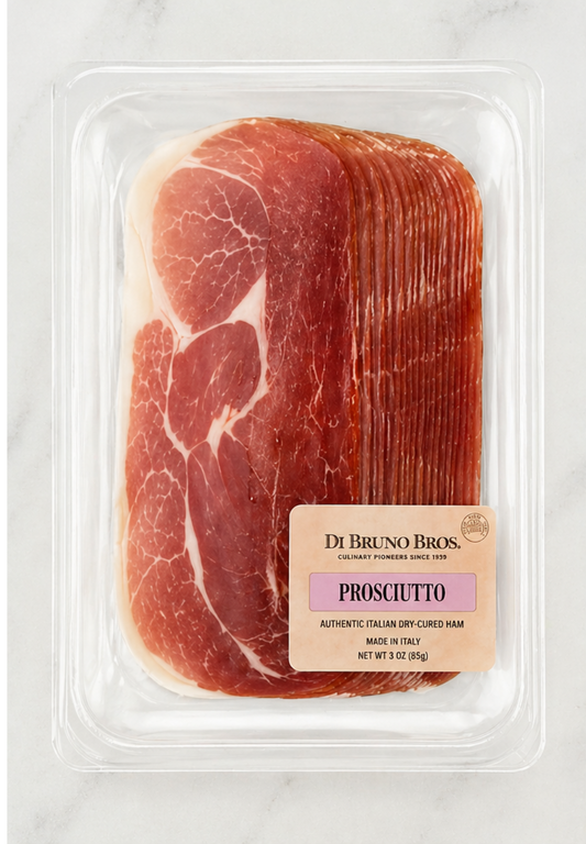 Packaged prosciutto with Di Bruno Bros label on a white background