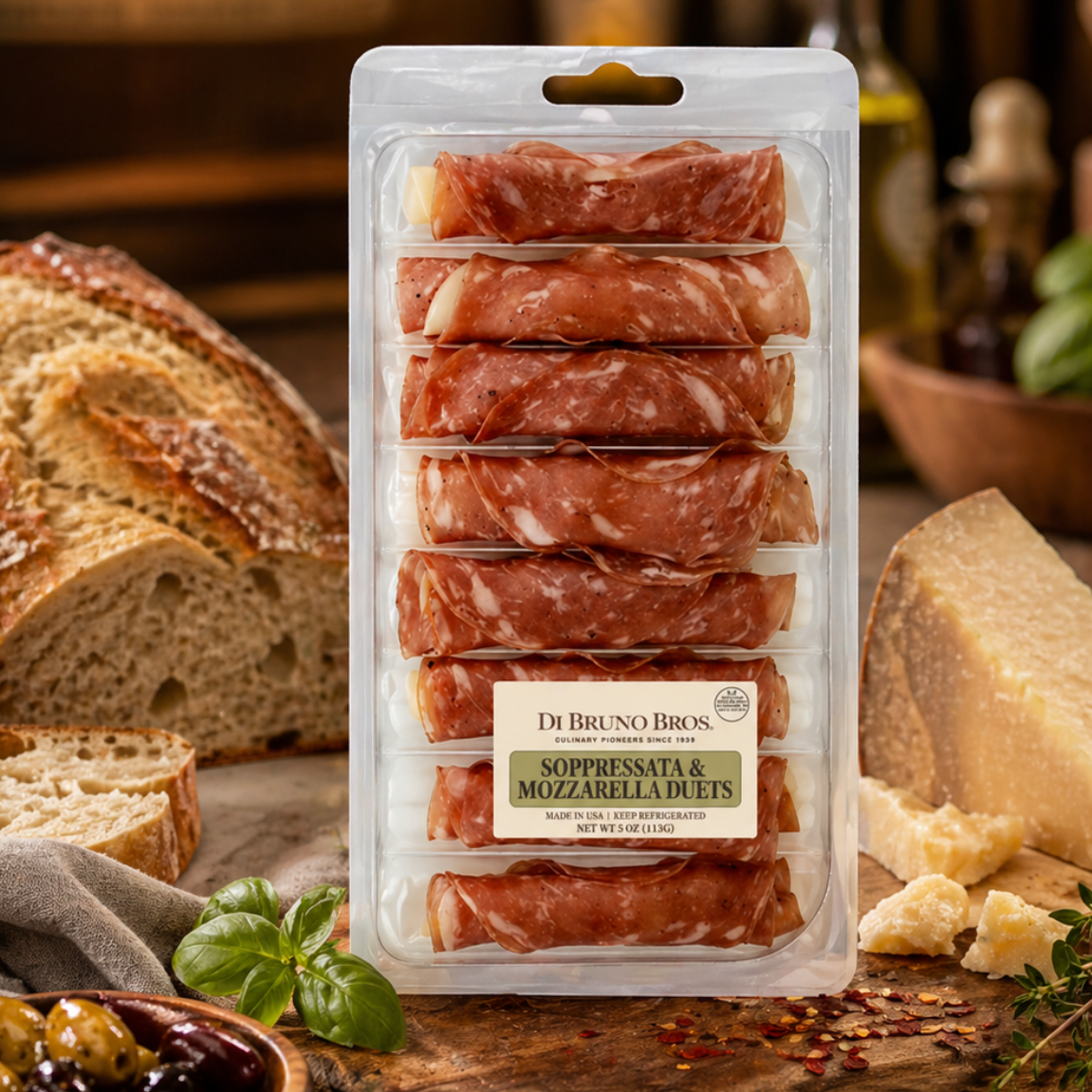 Packaged meat product on a wooden board with bread and cheese in the background